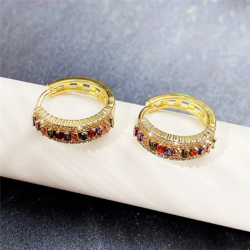 Gold Hoop Earrings - Luxury Rainbow Cubic Zirconia Jewelry for Women - Modern Fashion Ear Accessories for Girls