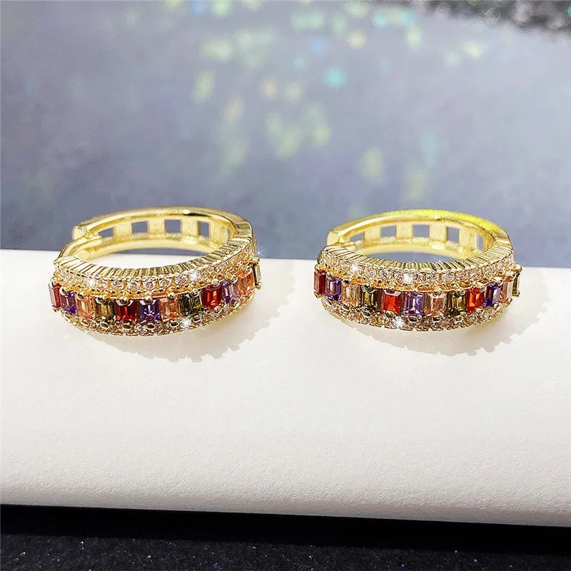 Gold Hoop Earrings - Luxury Rainbow Cubic Zirconia Jewelry for Women - Modern Fashion Ear Accessories for Girls