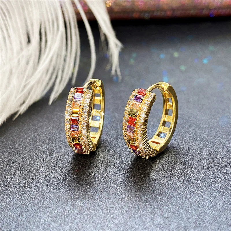 Gold Hoop Earrings - Luxury Rainbow Cubic Zirconia Jewelry for Women - Modern Fashion Ear Accessories for Girls