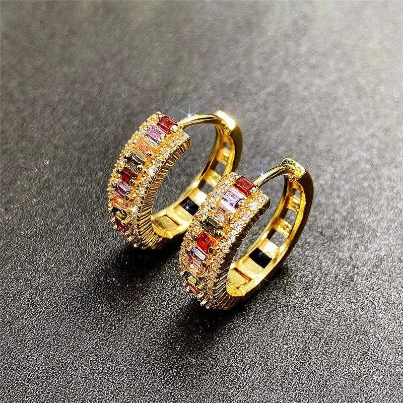 Gold Hoop Earrings - Luxury Rainbow Cubic Zirconia Jewelry for Women - Modern Fashion Ear Accessories for Girls