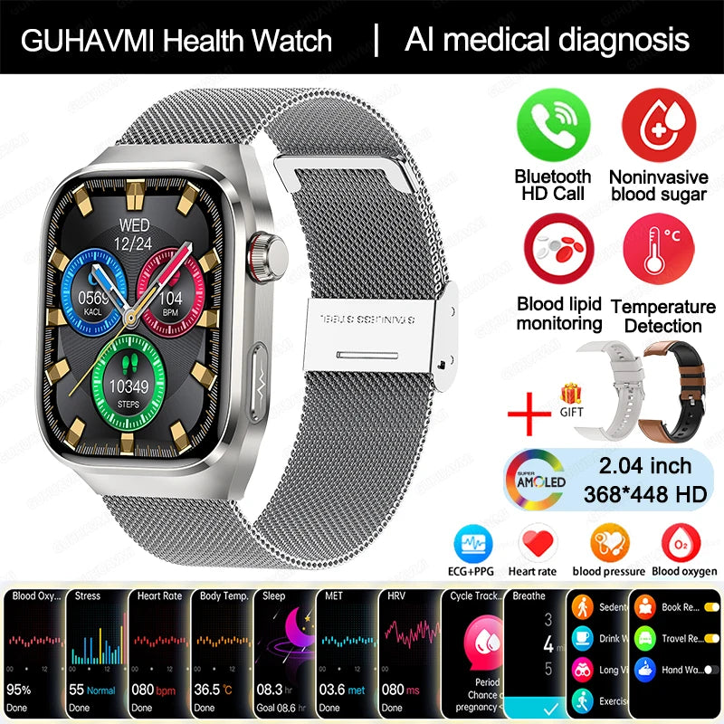 2025 New Uric Acid Blood Fat Smart Watch Men Blood Sugar ECG+PPG Blood Pressure Bluetooth Call Sports