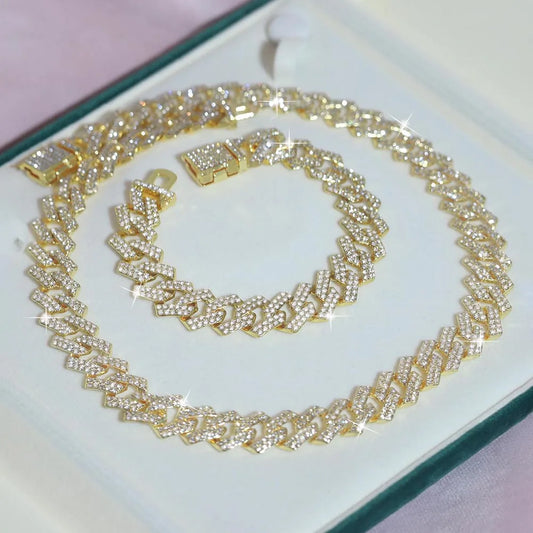 "Iced Out 16mm Wide Necklace & Bracelet Set - Hip Hop Jewelry, Full Rhinestone Gift for Men & Women, Trendy Accessories"