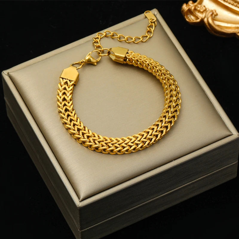 316L Stainless Steel Thick Chain Necklace & Bracelet Set | Gold Waterproof Choker Jewelry for Women | Fashion Gift for Party