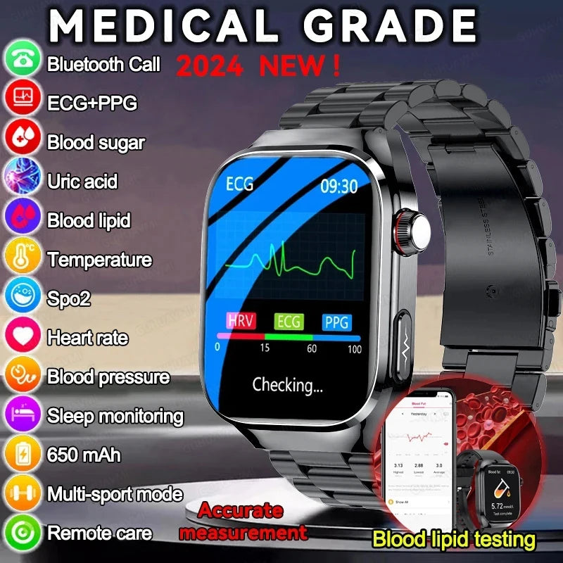 2025 New Uric Acid Blood Fat Smart Watch Men Blood Sugar ECG+PPG Blood Pressure Bluetooth Call Sports