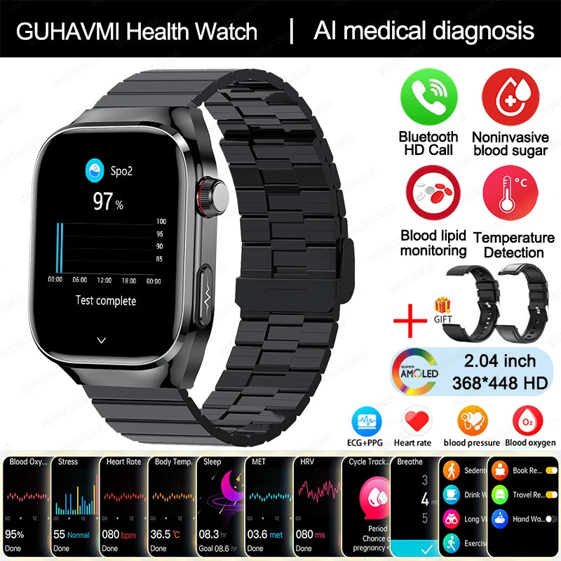 2025 New Uric Acid Blood Fat Smart Watch Men Blood Sugar ECG+PPG Blood Pressure Bluetooth Call Sports