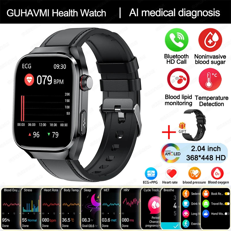 2025 New Uric Acid Blood Fat Smart Watch Men Blood Sugar ECG+PPG Blood Pressure Bluetooth Call Sports