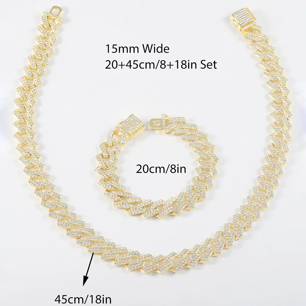 "Iced Out 16mm Wide Necklace & Bracelet Set - Hip Hop Jewelry, Full Rhinestone Gift for Men & Women, Trendy Accessories"