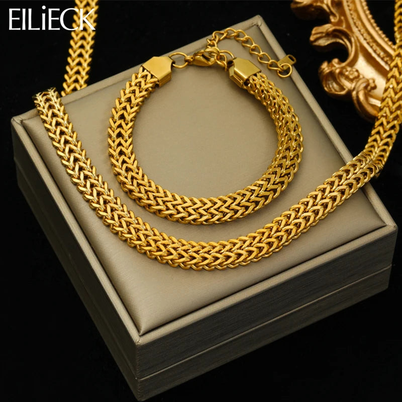 316L Stainless Steel Thick Chain Necklace & Bracelet Set | Gold Waterproof Choker Jewelry for Women | Fashion Gift for Party