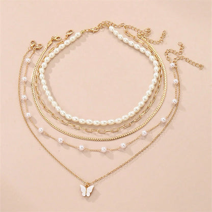 5pcs Simple Pearl & Butterfly Pendant Necklace Set - Elegant High-End Jewelry for Daily Wear & Commuting - Women’s Accessories