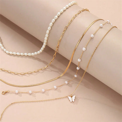 5pcs Simple Pearl & Butterfly Pendant Necklace Set - Elegant High-End Jewelry for Daily Wear & Commuting - Women’s Accessories