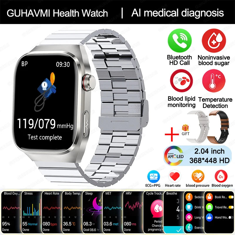 2025 New Uric Acid Blood Fat Smart Watch Men Blood Sugar ECG+PPG Blood Pressure Bluetooth Call Sports