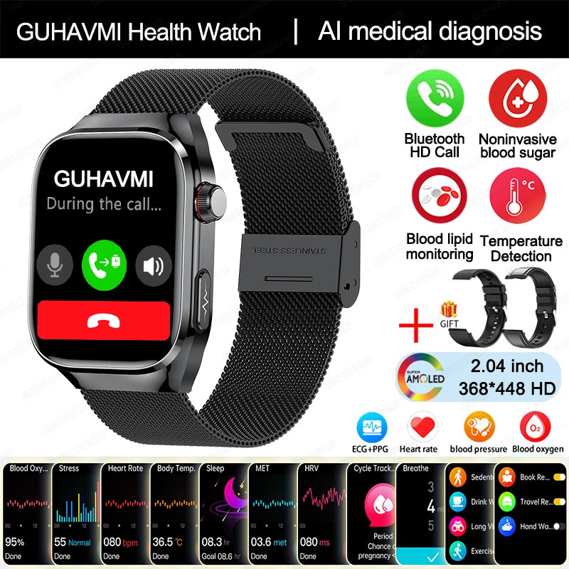 2025 New Uric Acid Blood Fat Smart Watch Men Blood Sugar ECG+PPG Blood Pressure Bluetooth Call Sports