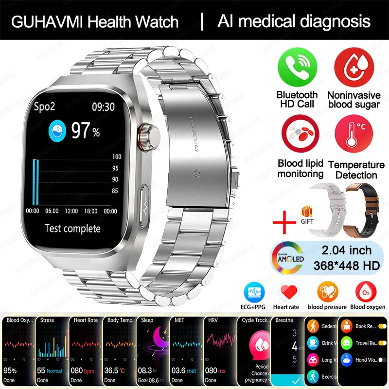 2025 New Uric Acid Blood Fat Smart Watch Men Blood Sugar ECG+PPG Blood Pressure Bluetooth Call Sports