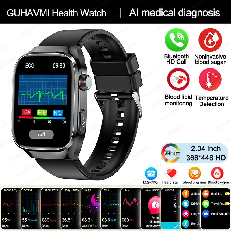 2025 New Uric Acid Blood Fat Smart Watch Men Blood Sugar ECG+PPG Blood Pressure Bluetooth Call Sports