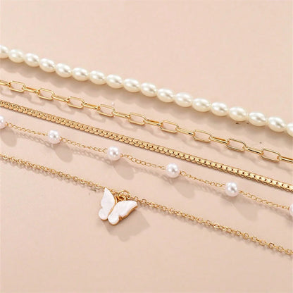 5pcs Simple Pearl & Butterfly Pendant Necklace Set - Elegant High-End Jewelry for Daily Wear & Commuting - Women’s Accessories