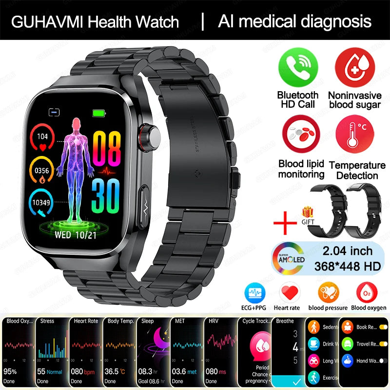 2025 New Uric Acid Blood Fat Smart Watch Men Blood Sugar ECG+PPG Blood Pressure Bluetooth Call Sports