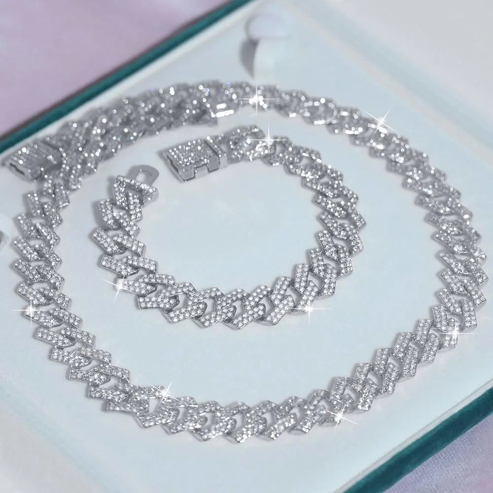 "Iced Out 16mm Wide Necklace & Bracelet Set - Hip Hop Jewelry, Full Rhinestone Gift for Men & Women, Trendy Accessories"