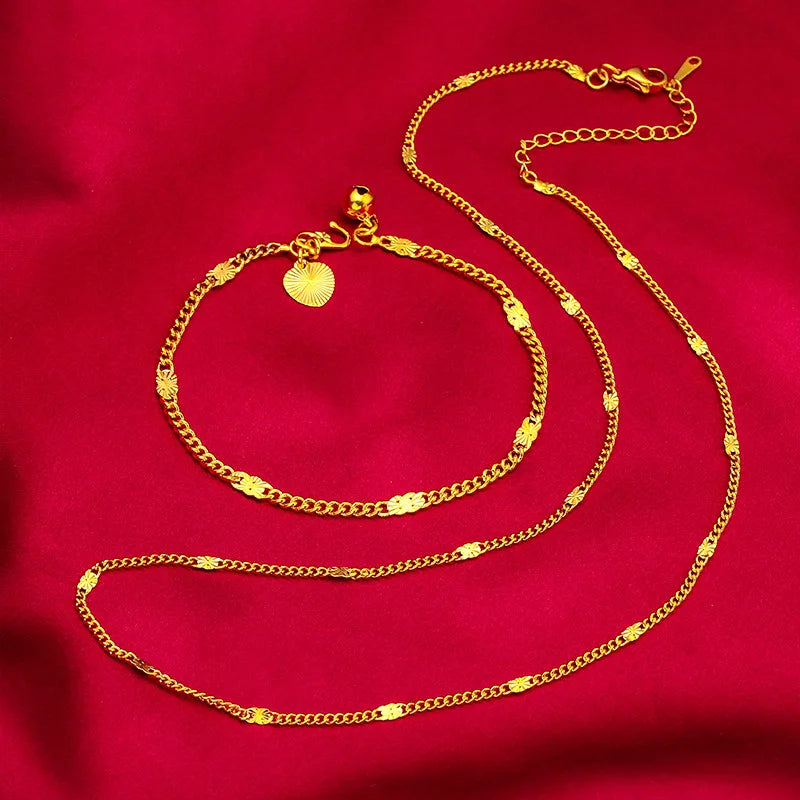 24K Gold Color Jewelry Set - Necklace & Bracelet for Women, Wedding Accessories, Party Gift Bijoux