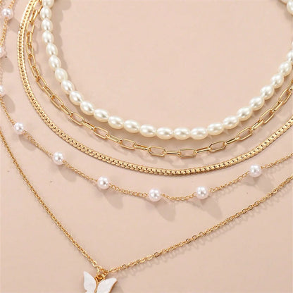 5pcs Simple Pearl & Butterfly Pendant Necklace Set - Elegant High-End Jewelry for Daily Wear & Commuting - Women’s Accessories