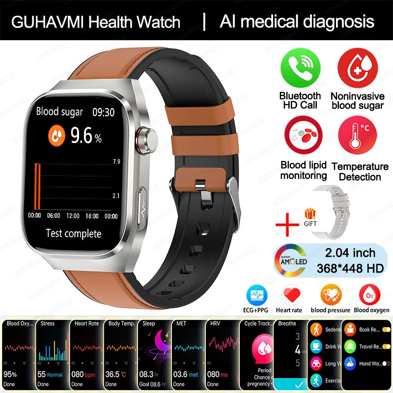 2025 New Uric Acid Blood Fat Smart Watch Men Blood Sugar ECG+PPG Blood Pressure Bluetooth Call Sports