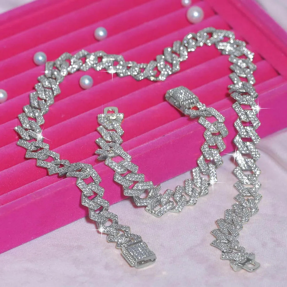 "Iced Out 16mm Wide Necklace & Bracelet Set - Hip Hop Jewelry, Full Rhinestone Gift for Men & Women, Trendy Accessories"