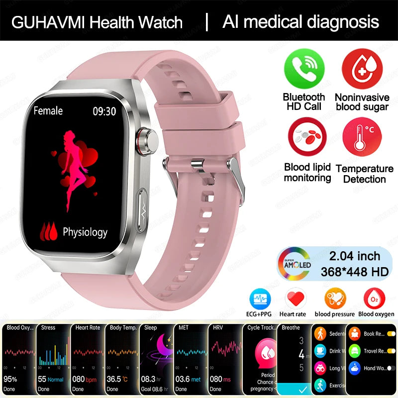 2025 New Uric Acid Blood Fat Smart Watch Men Blood Sugar ECG+PPG Blood Pressure Bluetooth Call Sports